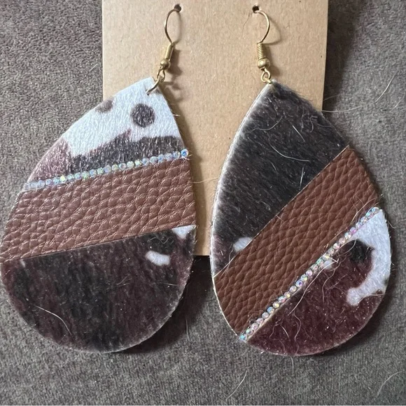 Hair On Hide Faux Leather Jeweled Teardrop Dangle Drop Earrings - Picture 3 of 10